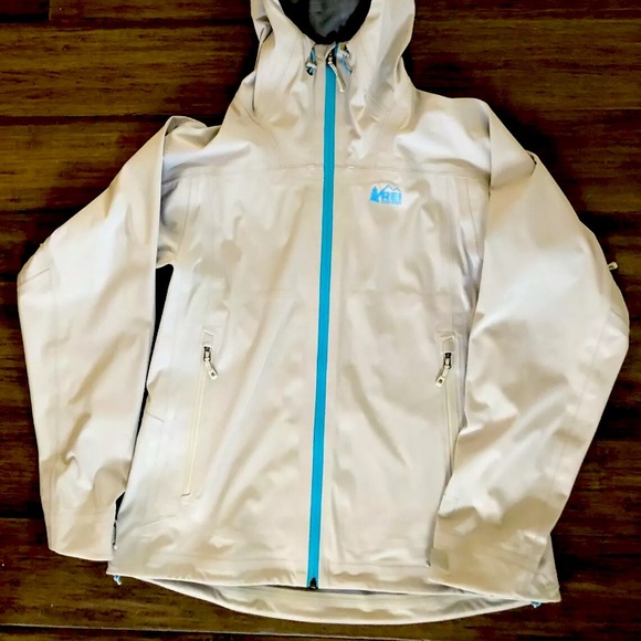 REI Jackets & Blazers - ⭐️HP⭐ REI Co-Op Full Zip Hooded Rain Jacket Light Gray & Aqua Blue Women's Sz XS